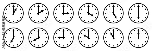 Vector illustration of twelve analog wall clocks in black outline, each showing a different hourly time from one to twelve. Analog clock icon set. 12 hourly time variations, black outline collection.