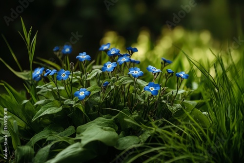 Blue Flowers Bloom in a Lush Green Meadow During a Sunny Afternoon in Spring