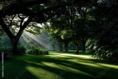 Sunlight Filtering Through Trees in a Lush Green Forest During Early Morning ...
