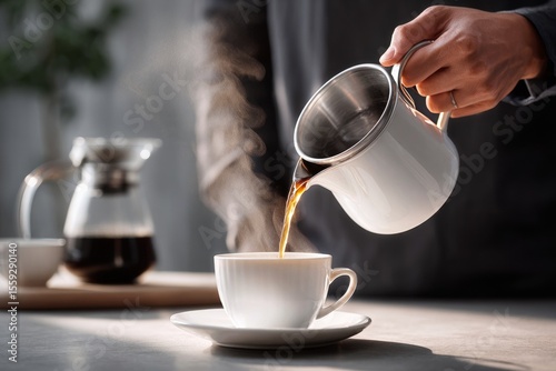 Pouring Hot Coffee Into a White Cup in a Cozy Cafe Setting in the Morning