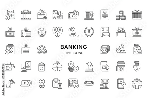 Collection of banking and finance line icons silhouette