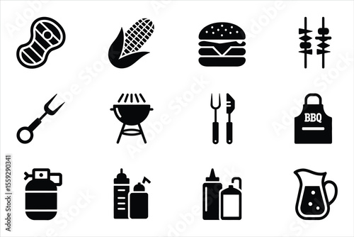 Collection of bbq and grilling icons in a clean silhouette style