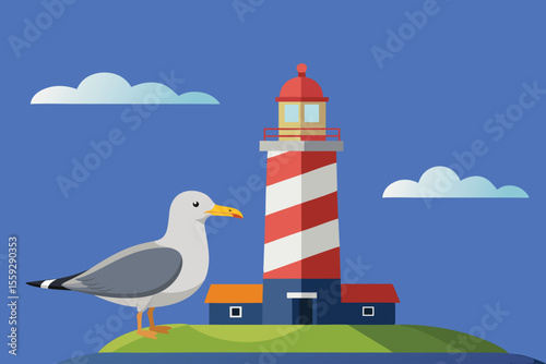 Illustrated lighthouse on an island with seagull in bright weather. Vector illustration.