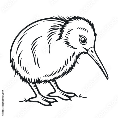 Adorable Kiwi Bird Illustration Line Art Drawing of a Flightless New Zealand Bird