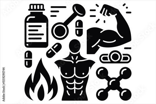 Fitness and health icons representing strength and supplements silhouette