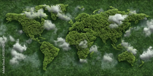 Lush green world map created from dense forests and partially covered by clouds