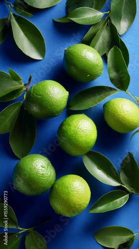 Fresh Green Limes and Leaves Arranged on Bright Blue Surface Under Natural Light