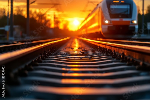 Sunset Over Train Tracks With a Train Approaching in the Distance During Even...