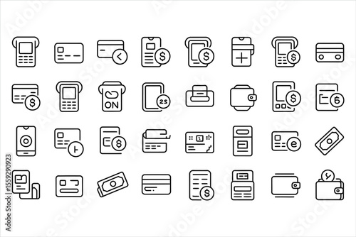 Collection of payment and finance icons in a simple line art silhouette style
