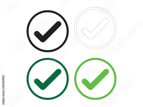 Set of tick icons. Check button collection isolated on white background. Checkmark Icons in Black, White, Green, and Dark Green. Four Color Checkmark Icons in Circles. checkmark, check, icon, symbol, 