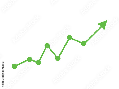 green business arrow rising up with dots followed by line graph going down, color full Green Line Graph Showing Positive Growth Trend, trading profit, economic boom, business growth. line graph upward
