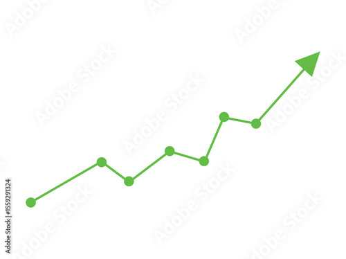 Title: green business arrow rising up with dots followed by line graph going down, color full Green Line Graph Showing Positive Growth Trend, trading profit, economic boom, business growth. line graph