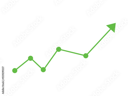 green business arrow rising up with dots followed by line graph going down, color full Green Line Graph Showing Positive Growth Trend, trading profit, economic boom, business growth. line graph upward