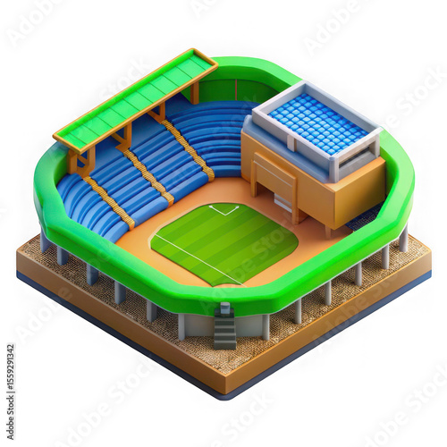 Stylized isometric baseball stadium with green outfield and blue seating isolated on transparent background