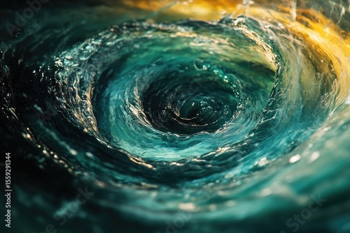 A mesmerizing swirl of turquoise water forms a captivating vortex with golden light highlighting its edges.