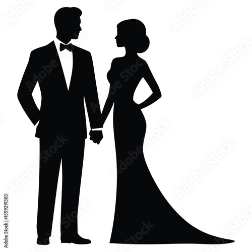 Elegant Black and White Silhouette of a Bride and Groom. A sophisticated silhouette of a bride and groom, holding hands, suitable for wedding invitations, stationery, or any design project needing a r