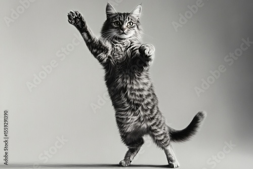 Playful Cat Dancing on Hind Legs in a Gray-Toned Background