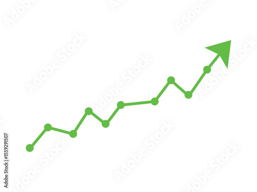 Title: green business arrow rising up with dots followed by line graph going down, color full Green Line Graph Showing Positive Growth Trend, trading profit, economic boom, business growth. line graph