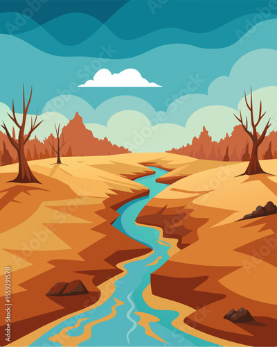 A dried up riverbed once full of life now a dusty wasteland due to overuse and exploitation of water resources.. Vector illustration