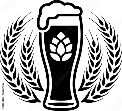 Illustration of a beer glass with foam and a hop design surrounded by wheat stalks in black and white