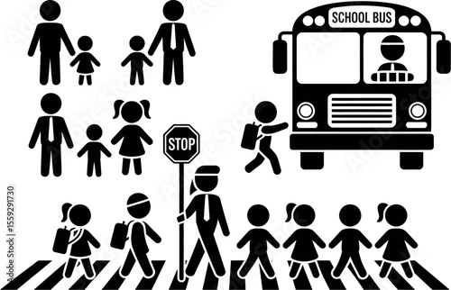 Black and white illustration of people with a school bus and crossing with a stop sign icon