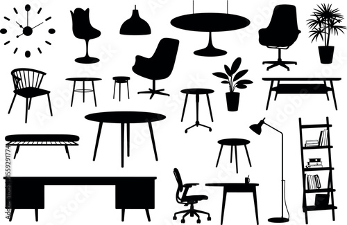 A collection of black silhouette furniture including chairs tables plants and a clock icon set
