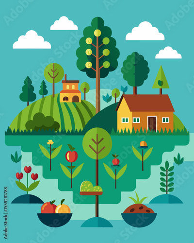 A farm implementing agroforestry practices combining trees and crops to enhance biodiversity and soil health while providing multiple sources of income.. Vector illustration