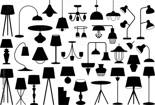A collection of various lamp and lighting fixture silhouettes in black against a white background