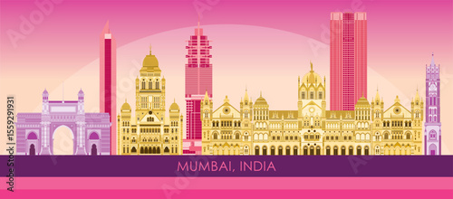 Sunset Skyline panorama of city of Mumbai, India - vector illustration