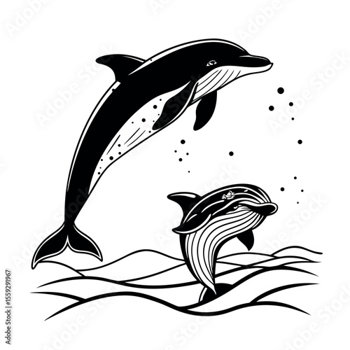 Majestic Dolphins Leaping Ocean Wildlife, Marine Life, Aquatic Animals, Sea Creatures, Black and White Illustration