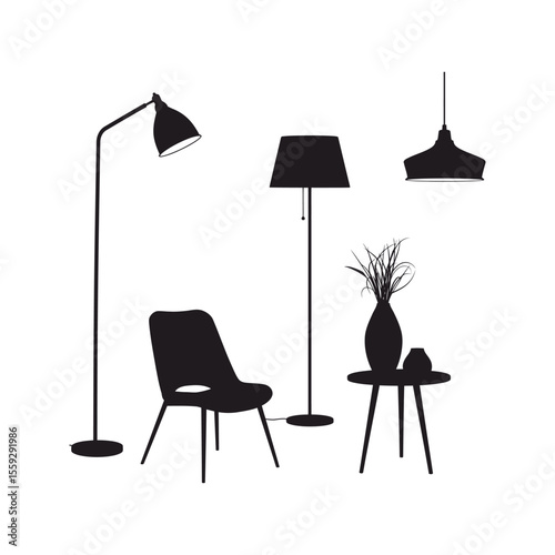 Set of black chairs and a floor lamp create a striking interior design