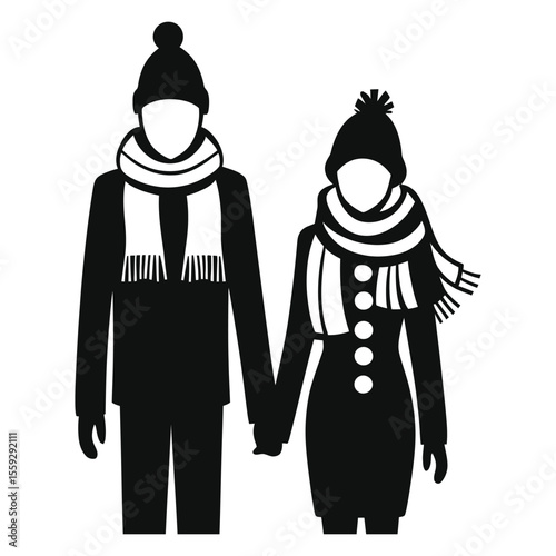 Winter couple holding hands, a simple black and white illustration. A stylized black and white silhouette illustration of a couple holding hands, dressed warmly in winter attire including hats and sca