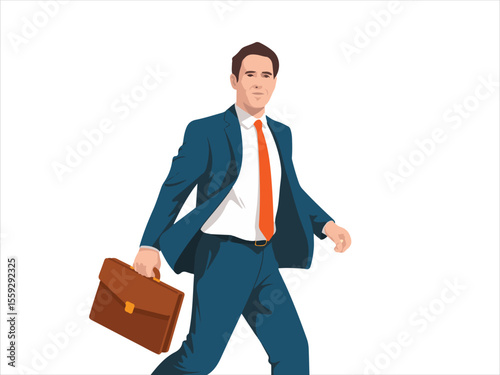 Confident businessman in a blue suit and orange tie walks with a briefcase