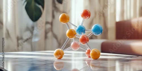 Colorful spheres represent different atoms in a molecular model, connected by clear bonds. The model is displayed in a bright living area, emphasizing its structural complexity