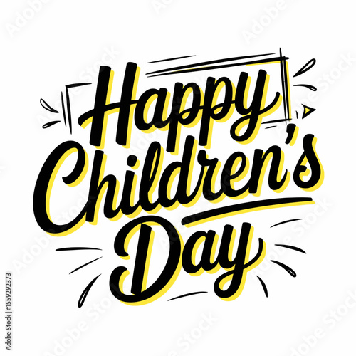 Vibrant Children’s Day design featuring dynamic black script lettering with bold yellow shadows, expressive lines, and a playful celebratory layout on a white background.

