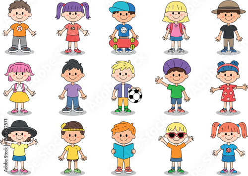 A collection of fifteen cartoon children standing in various poses and wearing different outfits