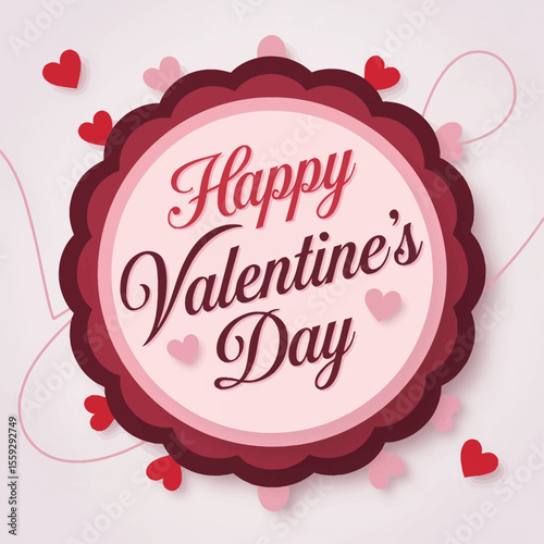 "Happy Valentine’s Day" text in elegant red and burgundy script, placed within a pink circular badge with scalloped edges, surrounded by scattered hearts and ribbons on a soft gradient background.

