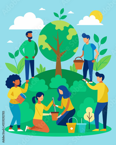 A community hosts a treeplanting event to offset carbon emissions and improve air quality.. Vector illustration