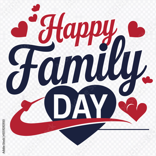 "Happy Family Day" festive text design with bold red and navy blue typography, surrounded by decorative hearts and a swoosh accent, set on a transparent background for celebration themes.

