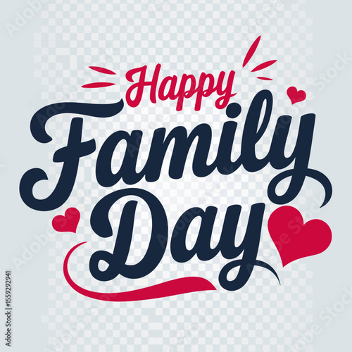 Cheerful “Happy Family Day” text design with playful script typography in red and navy blue, decorated with red hearts and flourishes on a transparent background for festive use.

