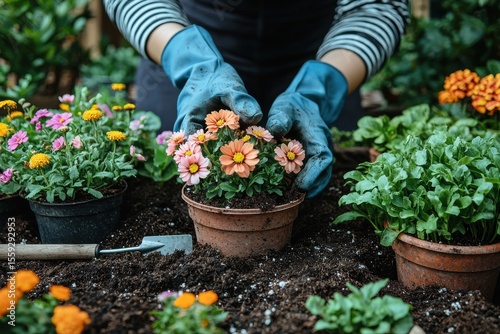 Gardener planting vibrant flowers in pots with care in a fresh green garden