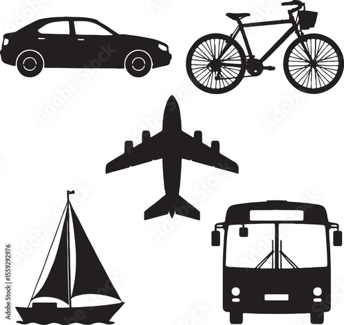 Silhouetted transportation methods including car bicycle airplane sailboat and bus arranged against a white background