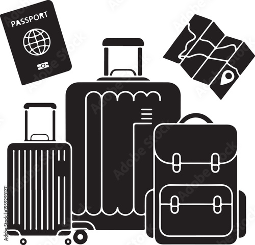 Black and white travel essentials illustration featuring passport suitcases backpack and map for vacation or journey concept