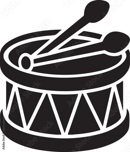 Simple black and white vector illustration of a snare drum with drumsticks for musical instrument concepts