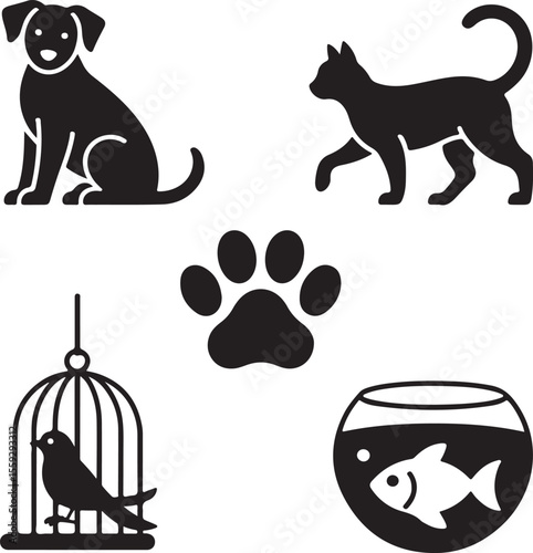 Simple black and white silhouettes of domestic animals and pets including dog cat bird paw and fish