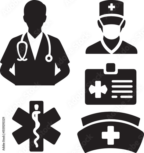 Medical icons and symbols representing a doctor, nurse, emergency services, and healthcare illustrations