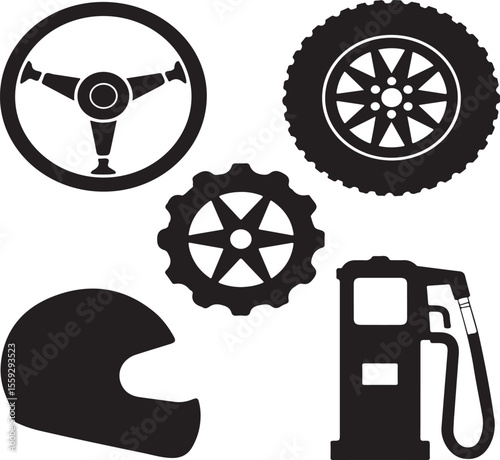 Collection of motorsport silhouettes representing steering wheel racing tire helmet gear and fuel pump in black and white