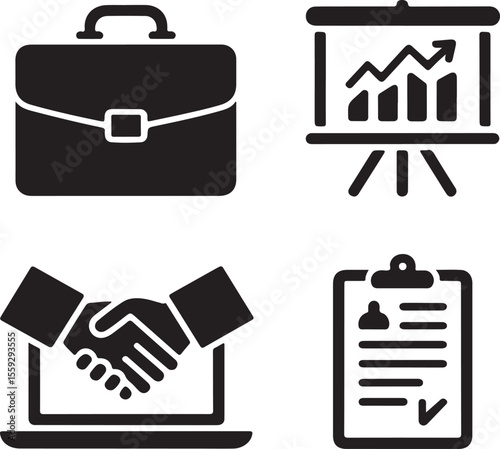 Business and finance icons representing success data analytics teamwork and professionalism in simplified vector style