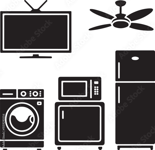 Black and white vector illustration of household appliances and electronics in minimalist style