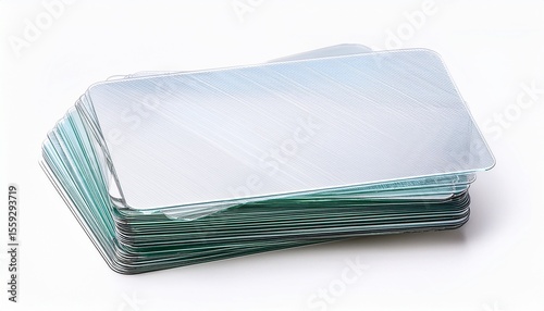 blank transparent plastic trading card mockup stack top view isolated on a white background